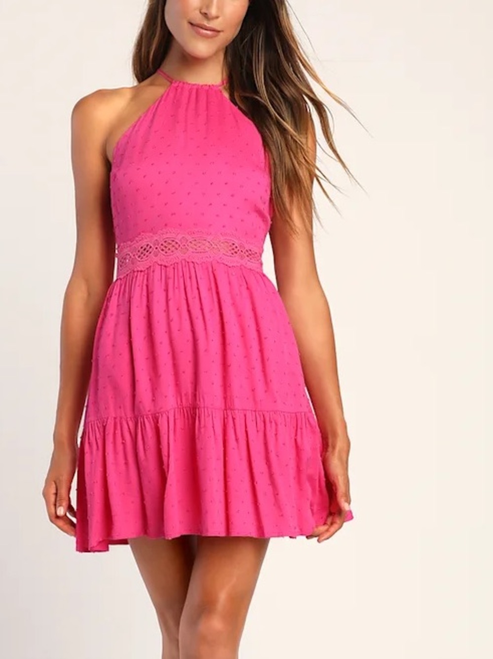 LULUS So Dainty Hot Pink Swiss Dot Halter Neck Lace Mini Dress